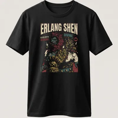 Vintage illustration of Erlang Shen with bold text in rich colors