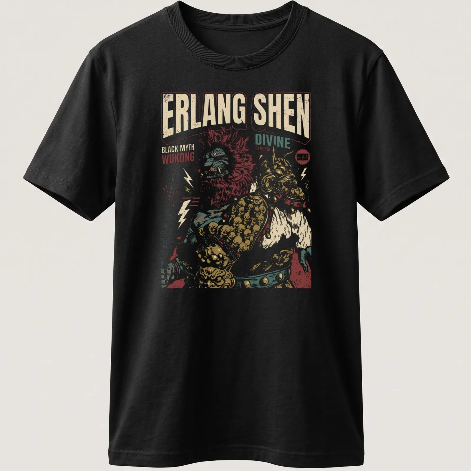 Vintage illustration of Erlang Shen with bold text in rich colors — printed on a unisex t-shirt
