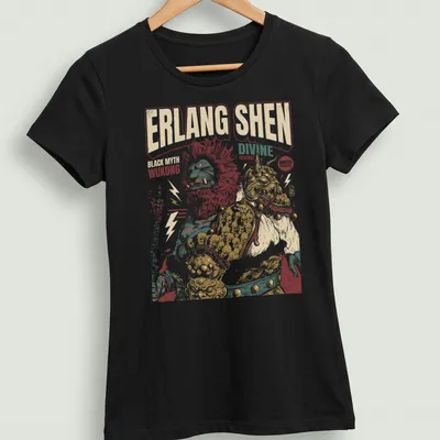 Vintage illustration of Erlang Shen with bold text in rich colors — printed on a women's shirt
