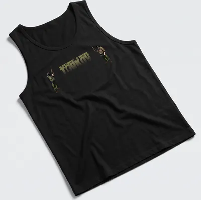 Graphic design of Escape From Tarkov T-shirt with tactical shooter theme. — printed on a tank top