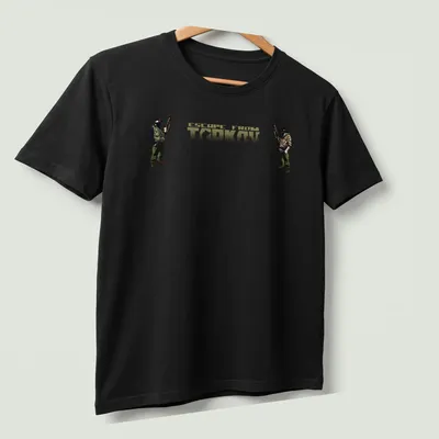 Graphic design of Escape From Tarkov T-shirt with tactical shooter theme. — printed on a unisex t-shirt (angled view)