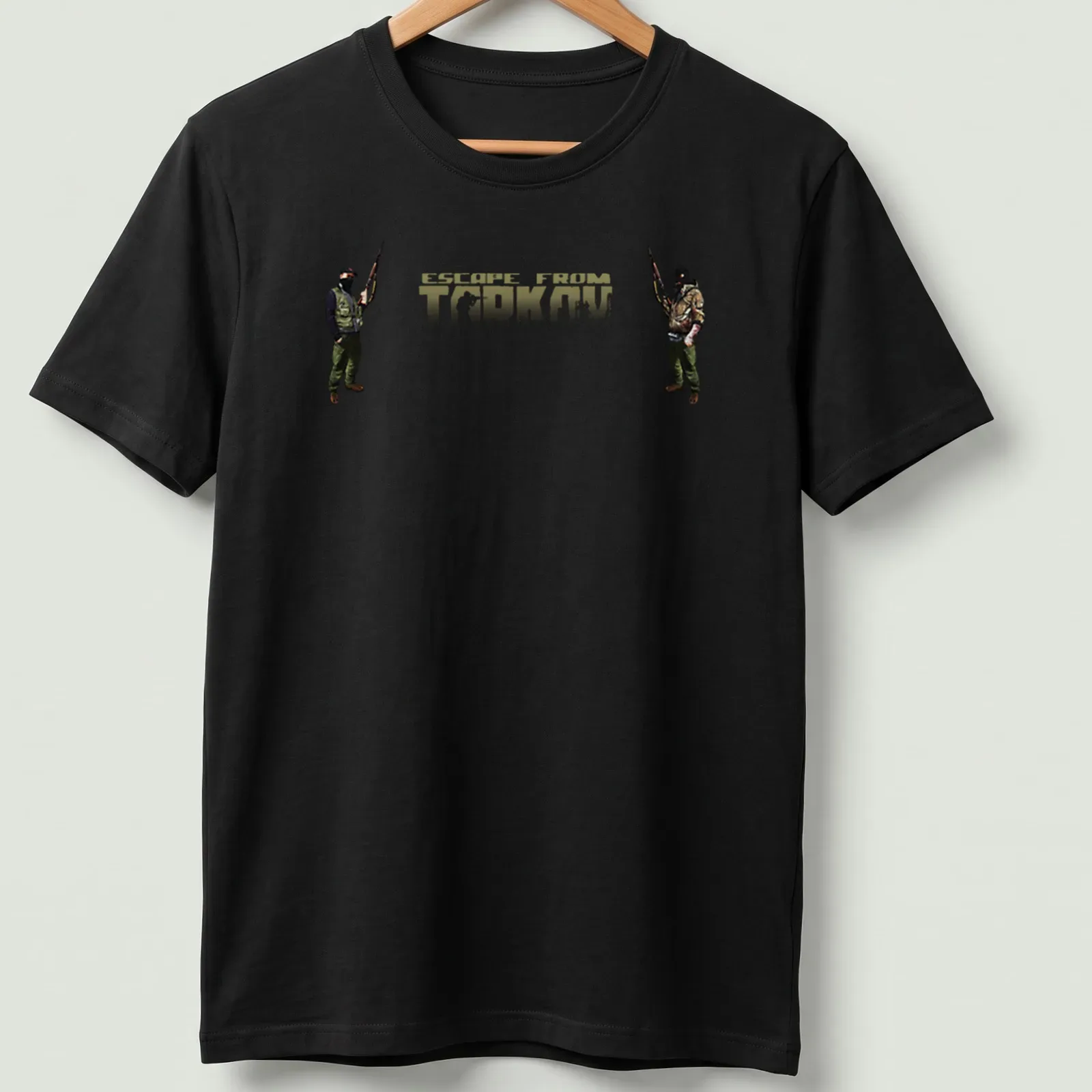 Graphic design of Escape From Tarkov T-shirt with tactical shooter theme. — printed on a unisex t-shirt