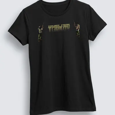 Graphic design of Escape From Tarkov T-shirt with tactical shooter theme. — printed on a women's shirt
