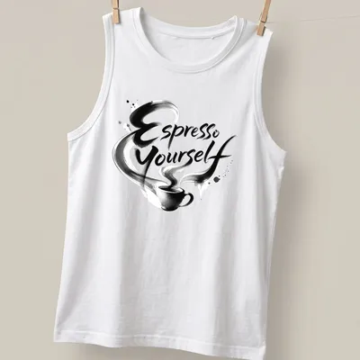 Bold brush script Espresso Yourself t-shirt with a playful coffee cup graphic — printed on a tank top