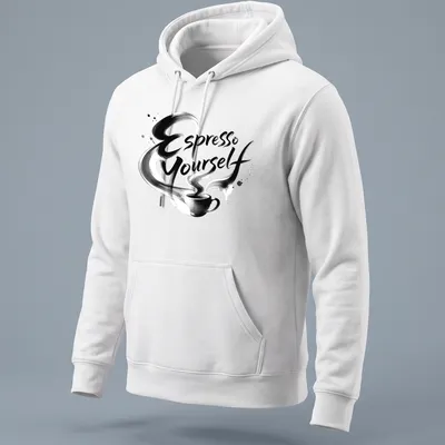 Bold brush script Espresso Yourself t-shirt with a playful coffee cup graphic — printed on a unisex hoodie