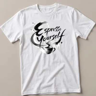 Bold brush script Espresso Yourself t-shirt with a playful coffee cup graphic