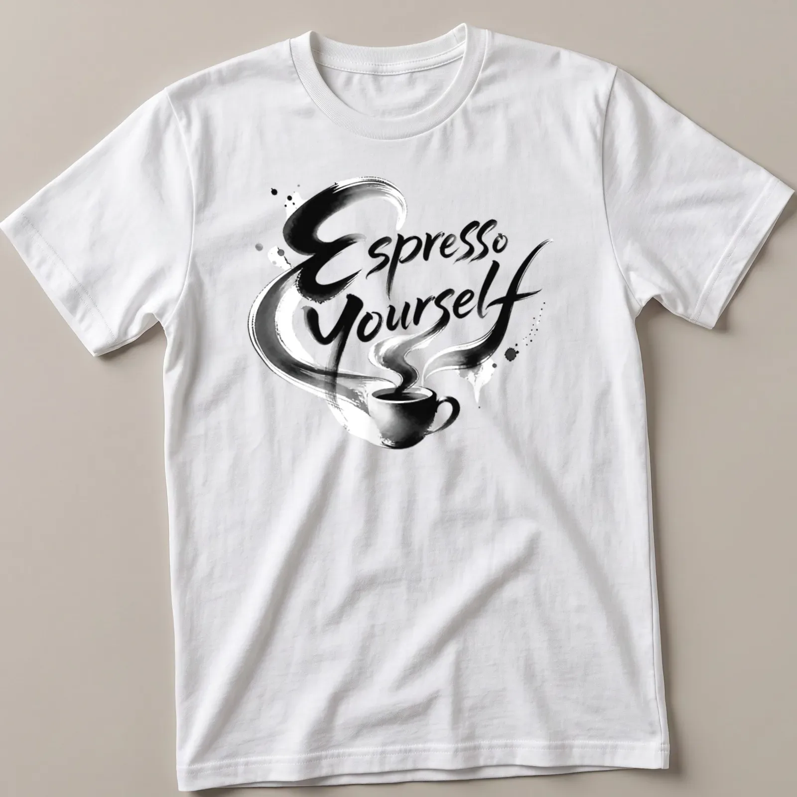 Bold brush script Espresso Yourself t-shirt with a playful coffee cup graphic — printed on a unisex t-shirt