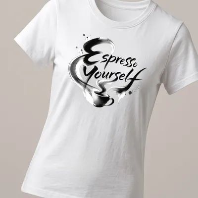 Bold brush script Espresso Yourself t-shirt with a playful coffee cup graphic — printed on a women's shirt