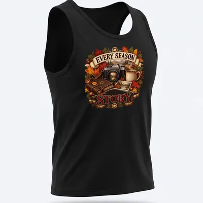 Vintage illustration of a camera, autumn leaves, and coffee mug with text about seasons. — printed on a tank top