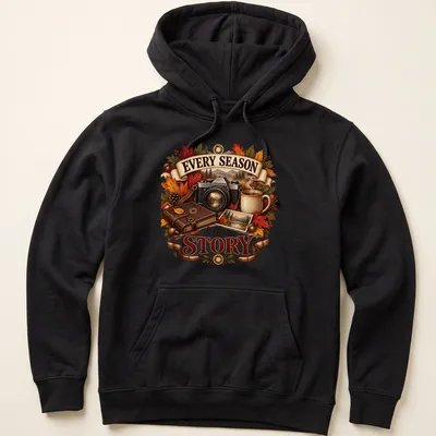 Vintage illustration of a camera, autumn leaves, and coffee mug with text about seasons. — printed on a unisex hoodie
