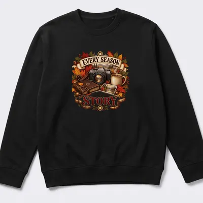 Vintage illustration of a camera, autumn leaves, and coffee mug with text about seasons. — printed on a unisex sweatshirt