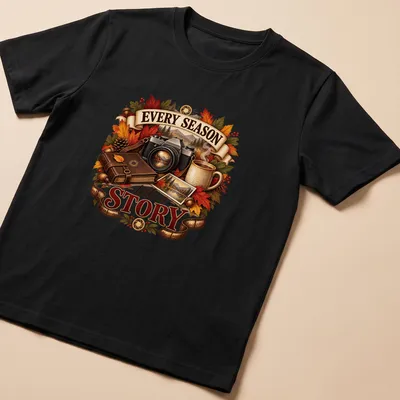 Vintage illustration of a camera, autumn leaves, and coffee mug with text about seasons. — printed on a unisex t-shirt