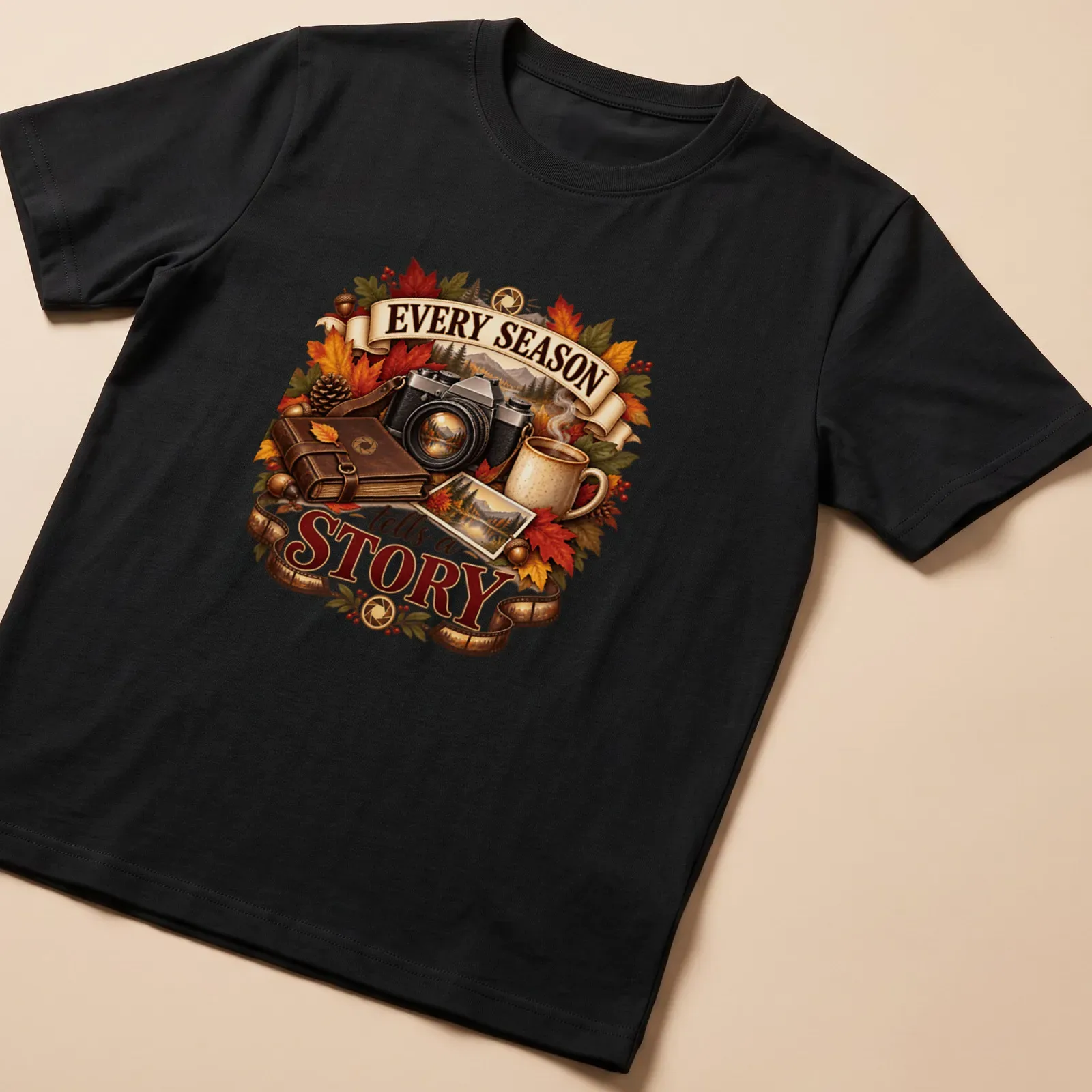 Vintage illustration of a camera, autumn leaves, and coffee mug with text about seasons. — printed on a unisex t-shirt