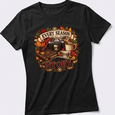 Vintage illustration of a camera, autumn leaves, and coffee mug with text about seasons. — printed on a women's shirt