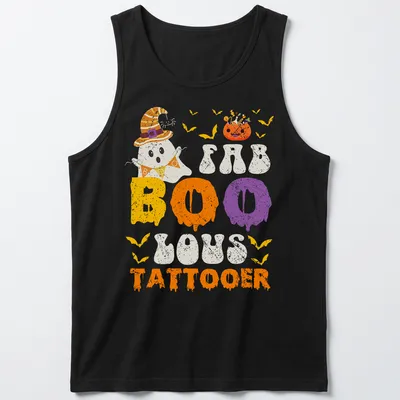 Cartoon ghost with a witch hat and FAB BOO LOUS TATTOOER text in festive colors — printed on a tank top