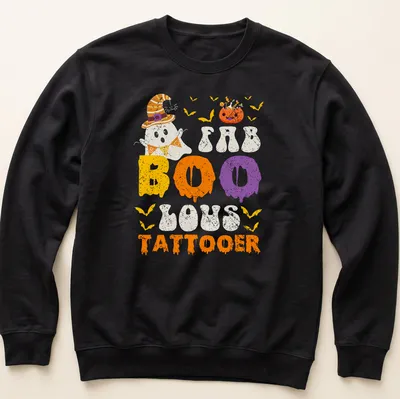 Cartoon ghost with a witch hat and FAB BOO LOUS TATTOOER text in festive colors — printed on a unisex sweatshirt