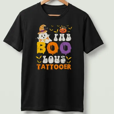 Cartoon ghost with a witch hat and FAB BOO LOUS TATTOOER text in festive colors