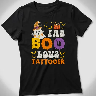 Cartoon ghost with a witch hat and FAB BOO LOUS TATTOOER text in festive colors — printed on a women's shirt