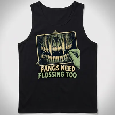 Vintage illustration of vampire teeth and dental tools with humorous text — printed on a tank top