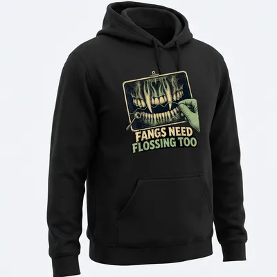 Vintage illustration of vampire teeth and dental tools with humorous text — printed on a unisex hoodie
