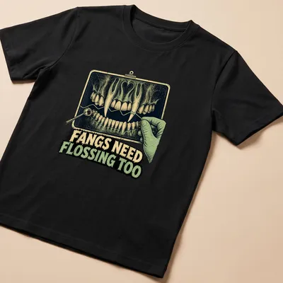 Vintage illustration of vampire teeth and dental tools with humorous text — printed on a unisex t-shirt