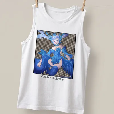Fantasy character with wings in blue and white anime style — printed on a tank top
