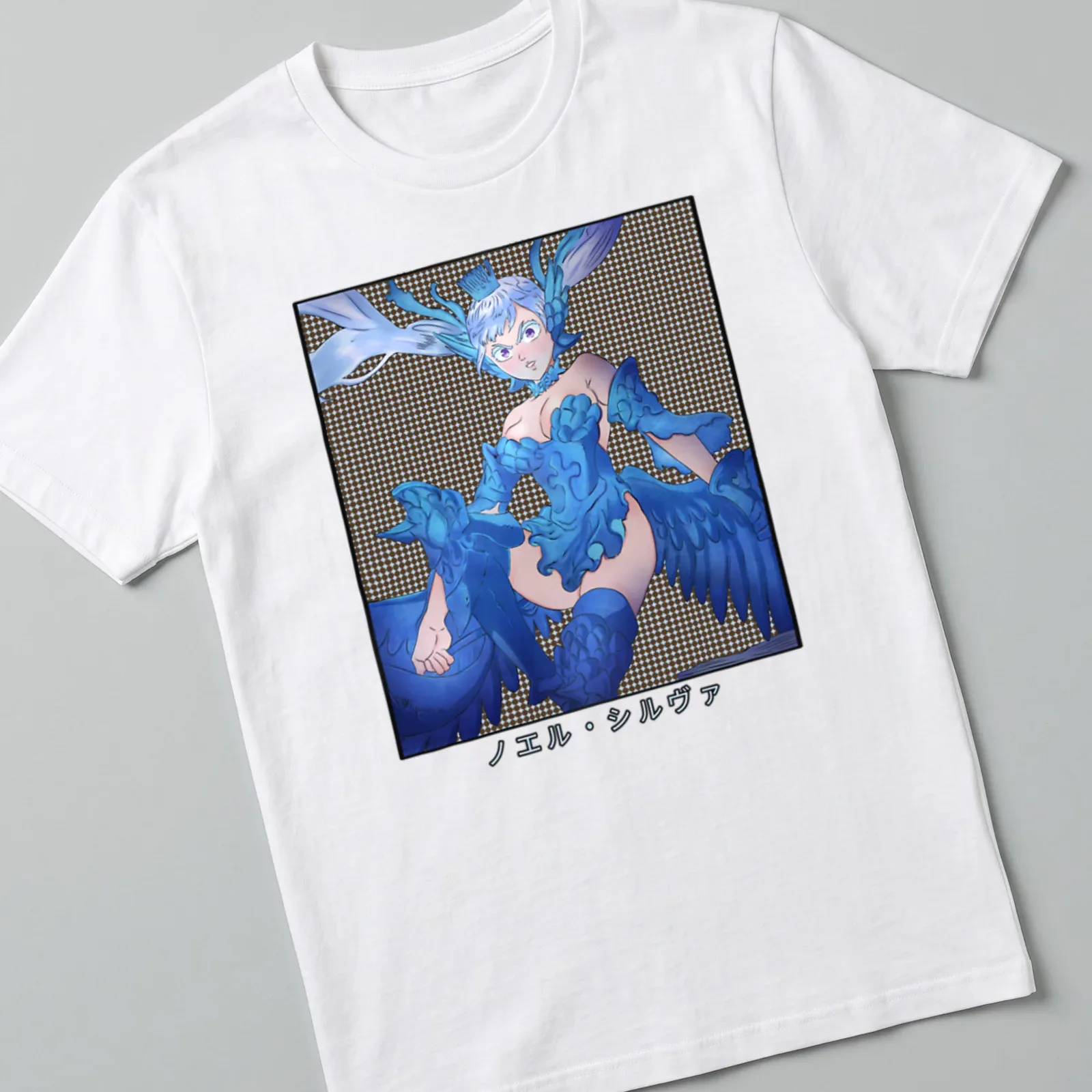 Fantasy character with wings in blue and white anime style — printed on a unisex t-shirt