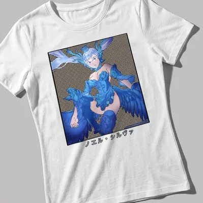 Fantasy character with wings in blue and white anime style — printed on a women's shirt