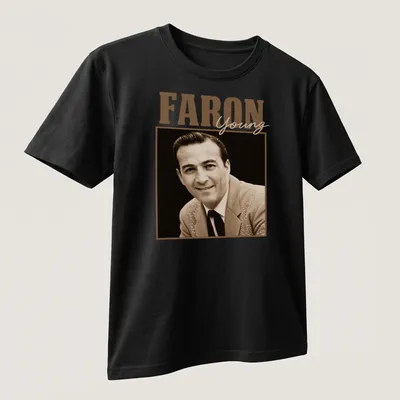 Vintage sepia Faron Young T-shirt with classic colors and style — printed on a unisex t-shirt (angled view)