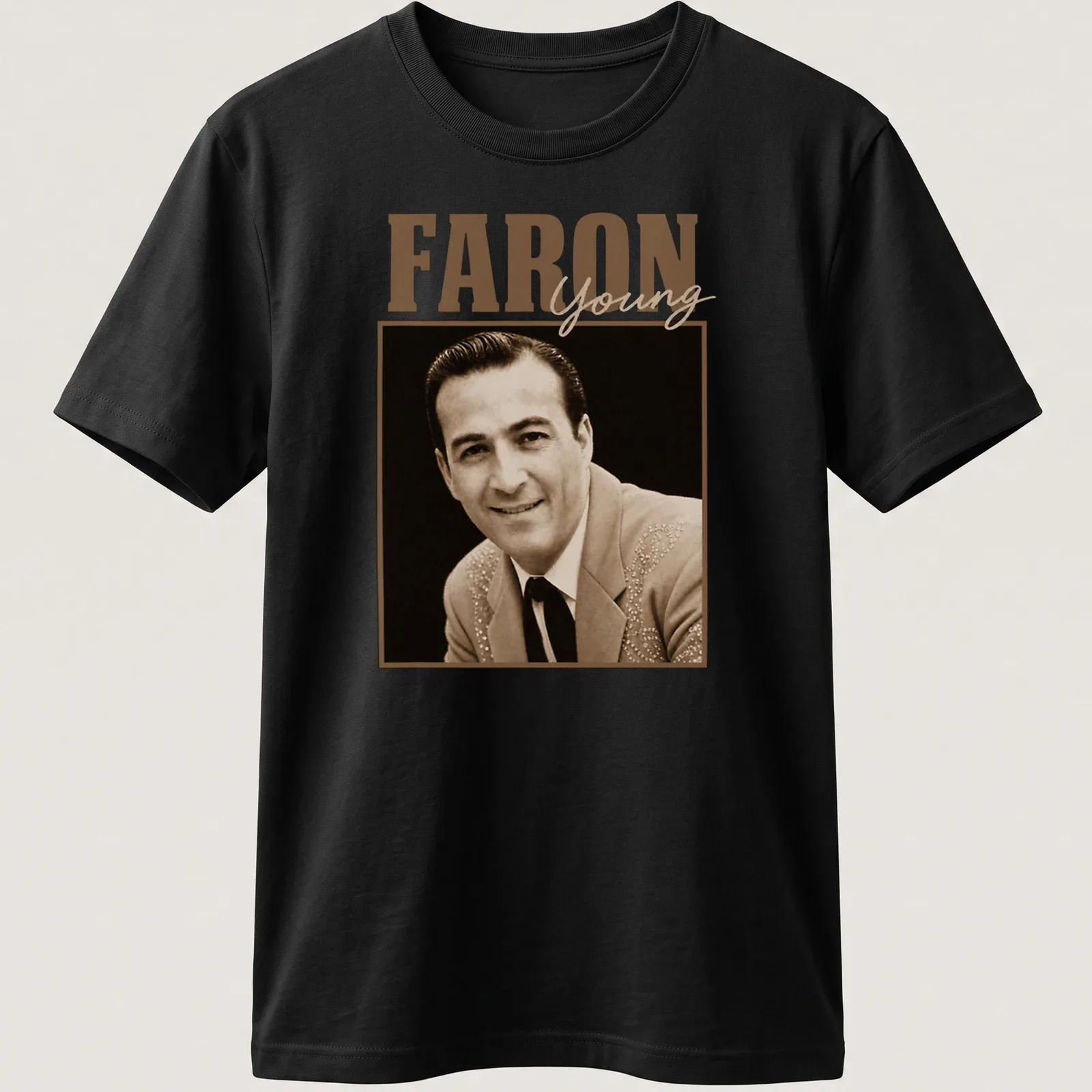 Vintage sepia Faron Young T-shirt with classic colors and style — printed on a unisex t-shirt