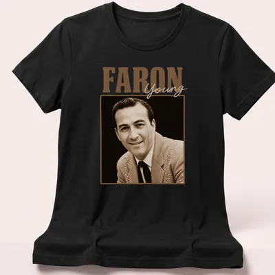 Vintage sepia Faron Young T-shirt with classic colors and style — printed on a women's shirt