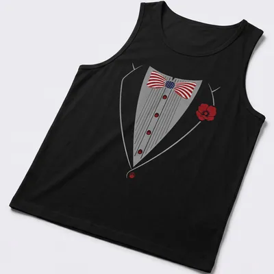 Cartoonish tuxedo with bowtie illustration in gray, red, blue, and white — printed on a tank top