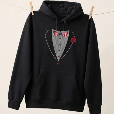 Cartoonish tuxedo with bowtie illustration in gray, red, blue, and white — printed on a unisex hoodie