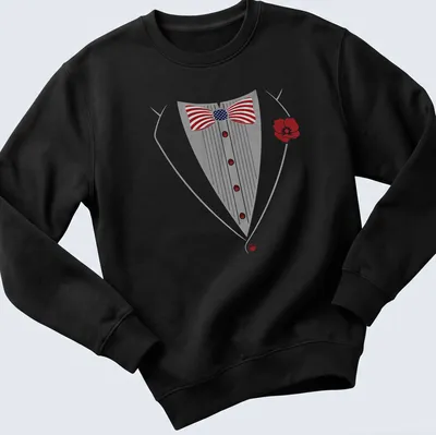 Cartoonish tuxedo with bowtie illustration in gray, red, blue, and white — printed on a unisex sweatshirt