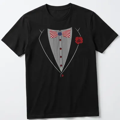 Cartoonish tuxedo with bowtie illustration in gray, red, blue, and white