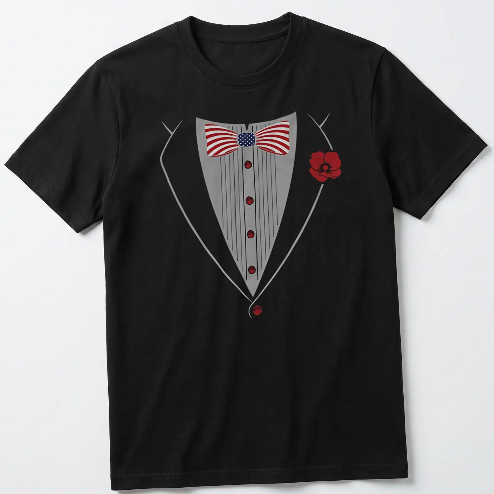 Cartoonish tuxedo with bowtie illustration in gray, red, blue, and white — printed on a unisex t-shirt