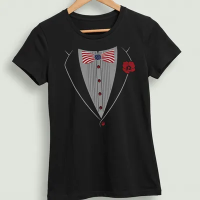 Cartoonish tuxedo with bowtie illustration in gray, red, blue, and white — printed on a women's shirt