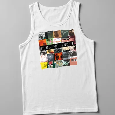 Bold collage t-shirt featuring indie music album cover elements in vibrant colors — printed on a tank top