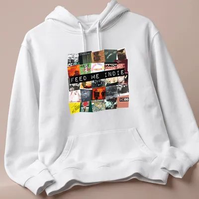 Bold collage t-shirt featuring indie music album cover elements in vibrant colors — printed on a unisex hoodie