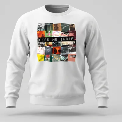 Bold collage t-shirt featuring indie music album cover elements in vibrant colors — printed on a unisex sweatshirt