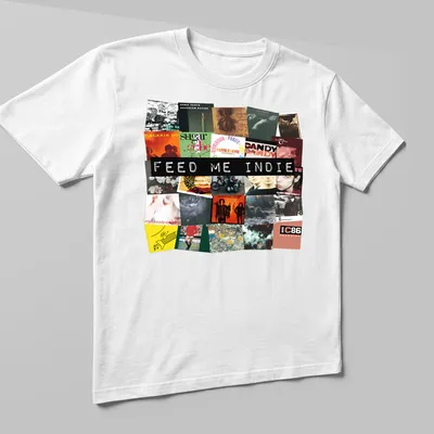 Bold collage t-shirt featuring indie music album cover elements in vibrant colors — printed on a unisex t-shirt (angled view)
