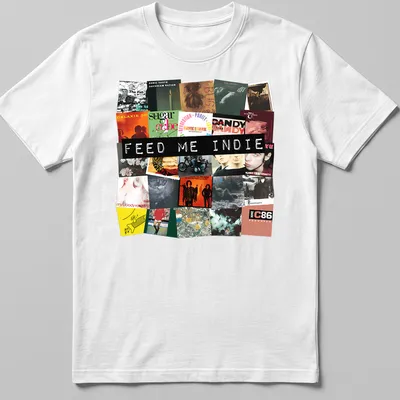 Bold collage t-shirt featuring indie music album cover elements in vibrant colors