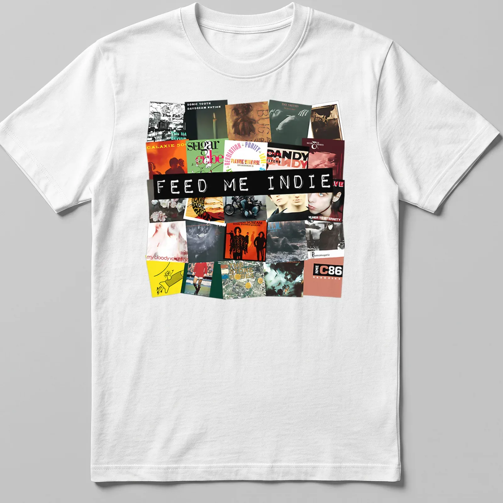 Bold collage t-shirt featuring indie music album cover elements in vibrant colors — printed on a unisex t-shirt
