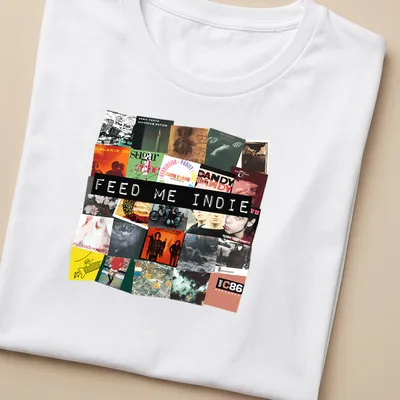 Bold collage t-shirt featuring indie music album cover elements in vibrant colors — printed on a women's shirt