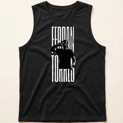 Minimalist shirt featuring Ferran Torres silhouette and name in black and white — printed on a tank top