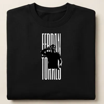 Minimalist shirt featuring Ferran Torres silhouette and name in black and white — printed on a unisex sweatshirt