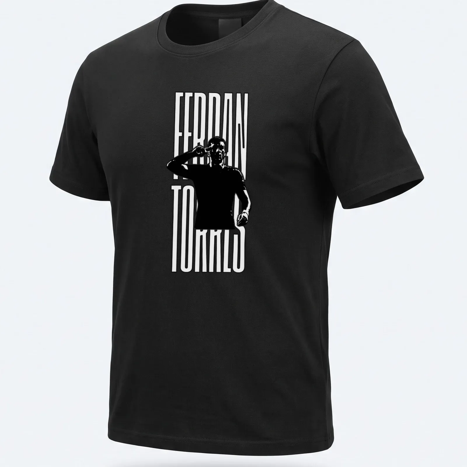 Minimalist shirt featuring Ferran Torres silhouette and name in black and white — printed on a unisex t-shirt