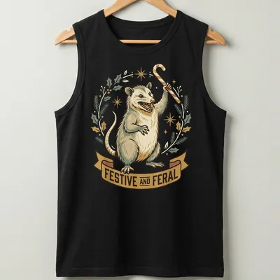 Vintage illustration of a festive opossum holding a candy cane with whimsical text above. — printed on a tank top