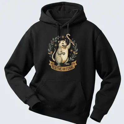 Vintage illustration of a festive opossum holding a candy cane with whimsical text above. — printed on a unisex hoodie