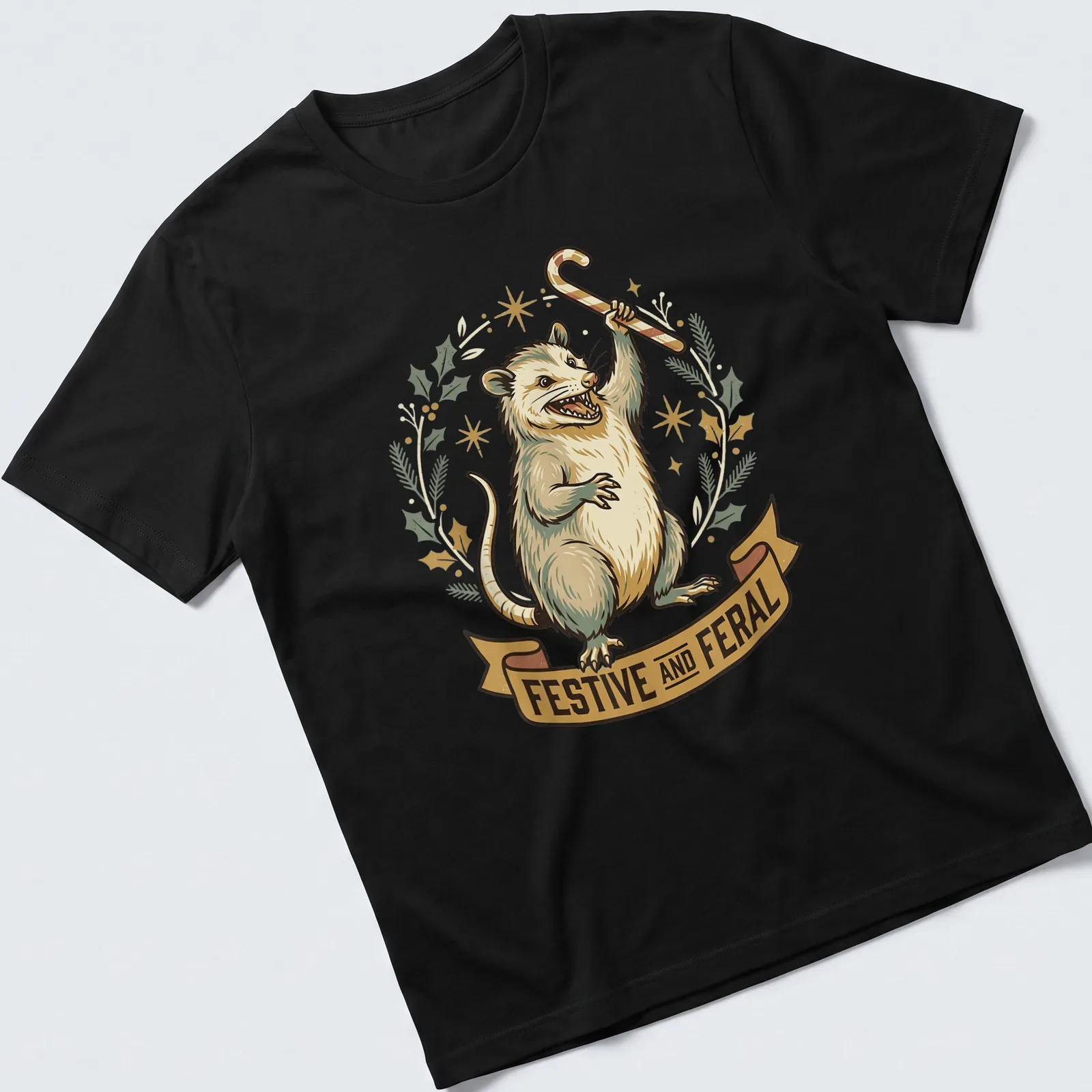 Vintage illustration of a festive opossum holding a candy cane with whimsical text above. — printed on a unisex t-shirt